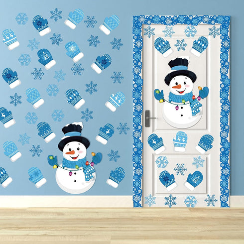 Faccito 70 Pcs Winter Snowman Bulletin Board Set, Blue Gloves and Snowflake Cutouts for Christmas Classroom Decor