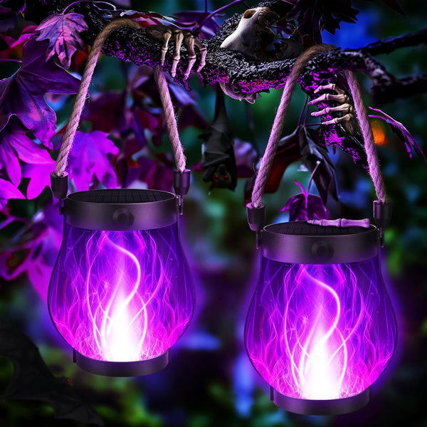 Jyoiat Solar Flame Lantern Hanging Outdoor Waterproof Purple - 2 Pack Flame