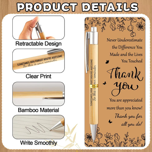 50 Sets gisgfim Employee Appreciation Gift Bulk Inspirational Bamboo Ballpoint Pens with Thank You Greeting Cards