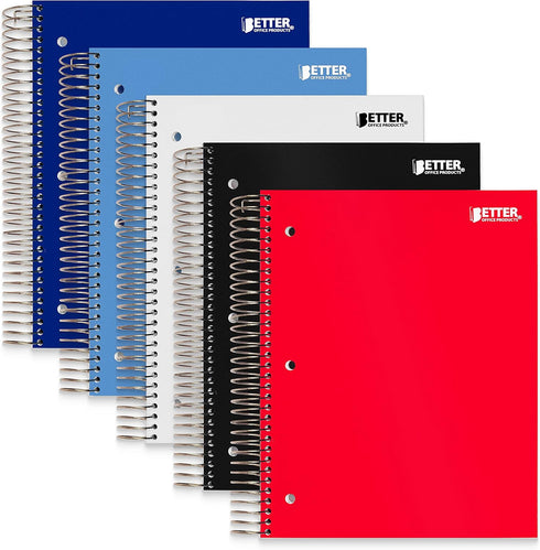 Better Office Products 5-Subject Spiral Notebook - 5 Pack, Assorted Color Poly Covers, 200 Sheets, 11 x 8.5 inches