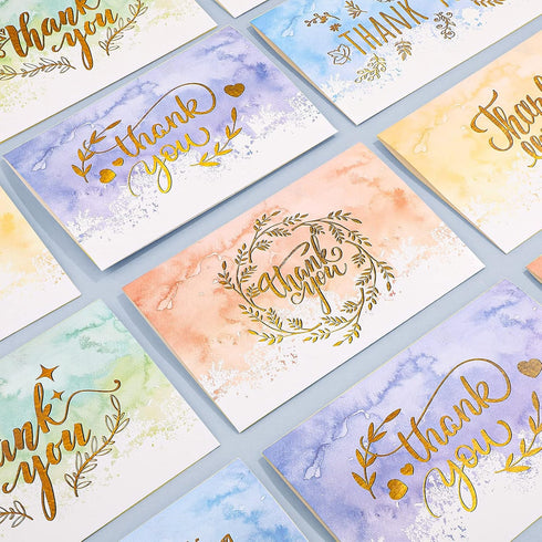 Zonon 24 Pack 2026 6 4 inch(Lovely Watercolor Thank You Cards with Envelope Thank You Notes with Round Stickers Gold