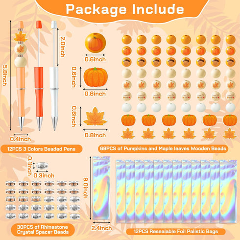 W1cwey 122pcs Autumn-Theme Beadable Ballpoint Pen Set, Set of 12pcs Plastic Beadable Pens, Fall Wood Beads, Crystal Spacer Beads, Resealable Foil Pouch Bag, Pumpkin Maple Ballpoint Pen Gift for Kids by W1cwey
