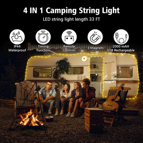 33ft 100LED, 4 1 100LED 14 Camping String Lights in Rechargeable Outdoor Tent String Lights with Lighting Modes Remote