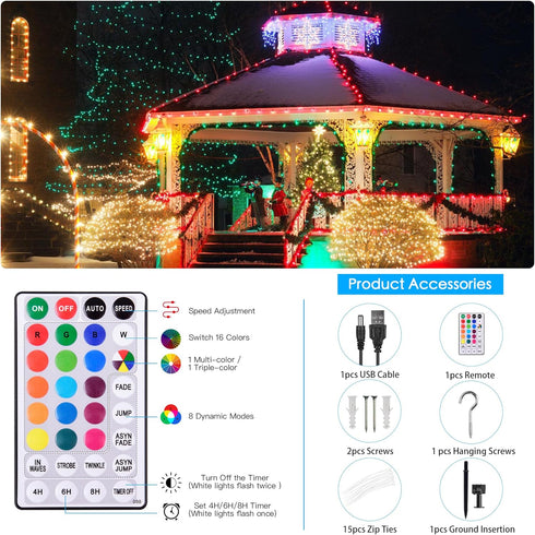 40Ft, 18 100 Solar String Lights Outdoor Waterproof Colors Changing LED Christmas Lights Solar Powered & USB