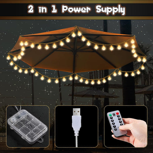 2 Pack 32 8 64 Feet Patio Umbrella Lights, Lighting Modes LED String Lights with Pcs Shatterproof Globe, Remote Control