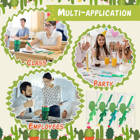Sayglossy 24 Sets Cactus Party Favors Cute Themed Gifts Bulk Cactus Ballpoint Pen Cards Stickers Keychain Gift Bags