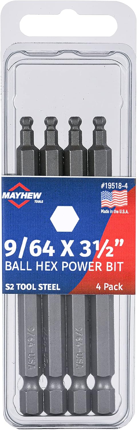 Mayhew Tools 19518-4 USA SAE Ball Hex Power Bit - 9/64 x 3.5", 4-Pack
