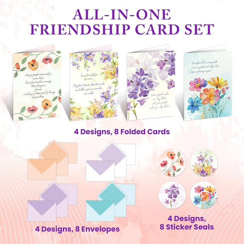 8 Pack 5x7in 4 Decorably Glittery Assorted Friend Card with Envelopes & Stickers - Cute Folded Life is Better with a