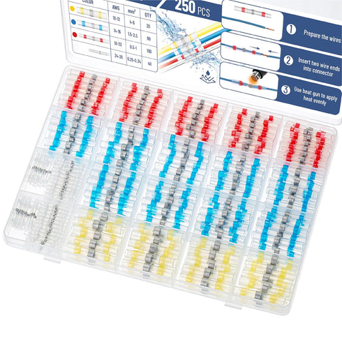 Bates Solder Seal Wire Connectors, 250 pcs, Waterproof Heat Shrink Butt Connectors for Electrical Wiring