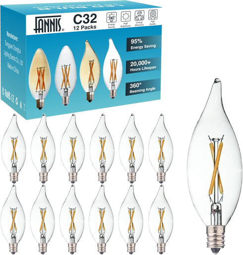 12 Pack E12 Bulb 20 2W 2700K Bulbs, CA10 C32 Bulbs Candelabra LED Watt Equivalent, Clear Soft Warm White Light Flame