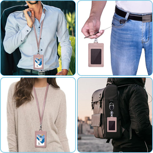 Wisdompro Retractable Badge Holder with Lanyard, Double Sided PU Leather ID Card Holder, Rose Gold