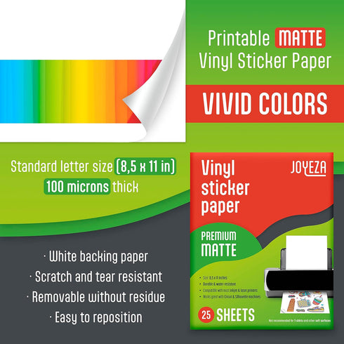 JOYEZA Premium Printable Vinyl Sticker Paper, 25 Sheets Matte White, Waterproof, Inkjet & Laser Printer