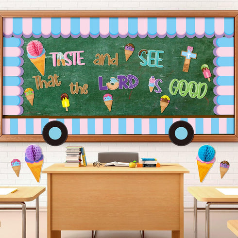 CY2SIDE 73PCS Ice Cream Taste and See That the LORD is Good Christian Cut-outs for Classroom Bulletin Board Border
