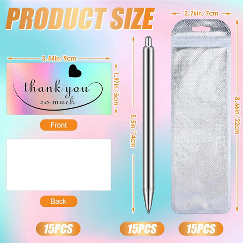 Qilery 15 Set Stainless Steel Pen Thank You Pens Gifts Blanks Resealable Pouch Bag and Holographic Thank You Cards Set for DIY Glitter Pen Epoxy Pen Resin Pen Craft Blanks Gel Pen by Qilery