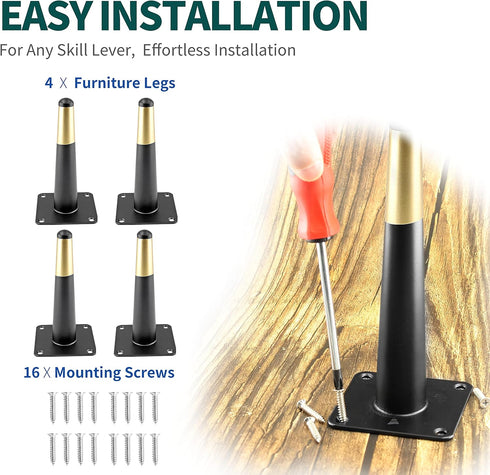 Seimneire 4pcs 6 Inch Furniture Legs, Straight Conical Metal Legs Matte Black Gold Mid-Century Style Furniture Feet
