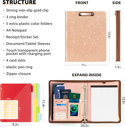Ospelelf Leather Portfolio Folder - 3 Ring Binder with Storage Clipboard, Fits Letter Size Paper, Faux Rose Gold