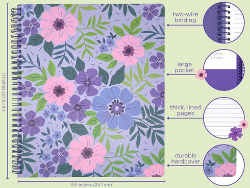 Steel Mill & Co Large Spiral Notebook, College Ruled, 11" x 9.5", Durable Hardcover, 160 Lined Pages, Lilac Floral
