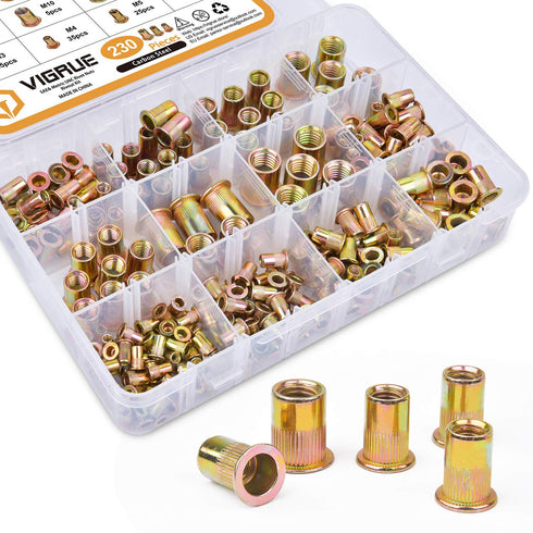 VIGRUE Rivet Nuts Assortment Kit, 230PCS SAE and Metric Carbon Steel UNC Nutserts, Zinc Plated, Flat Head Insert Nut