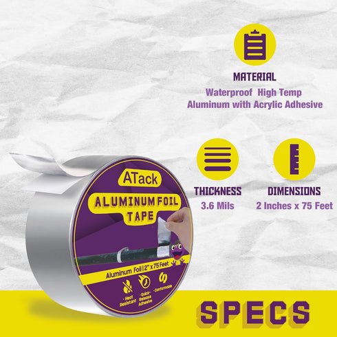 ATack Aluminum Foil Reflective Duct Tape, 2 Inches x 75 Feet, Heavy Duty Metal HVAC Tape for Duct Work, Furnace, AC