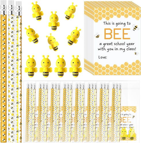 Back to School Gifts for Students, 60 Cute Bee Pencils, 3D Bee Erasers, 30 Welcome Greeting Cards