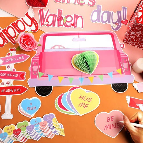 TaoBary 85 Pcs Valentine's Day Bulletin Board Set, 3D Heart Honeycomb Owl Love Truck Cutouts for School Party