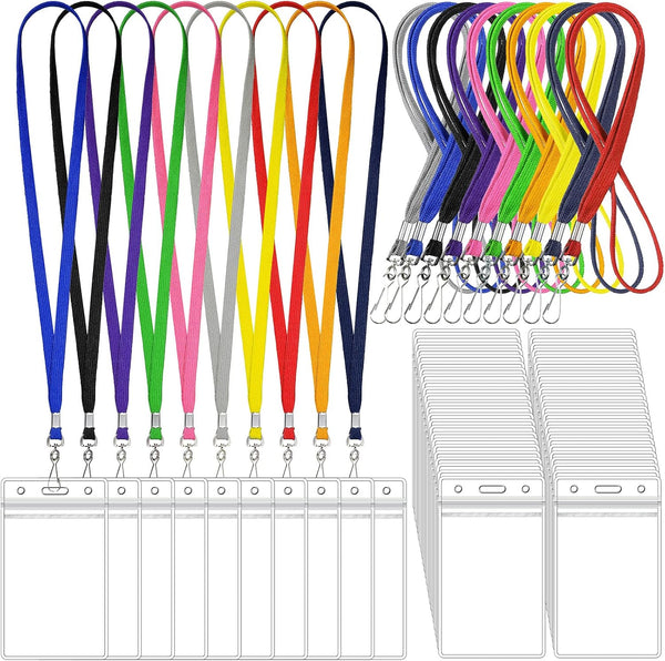 Marspark 100 Sets Name Tag Lanyards with ID Holder, Clear Name Badges, Colored Lanyards for Adults & Kids