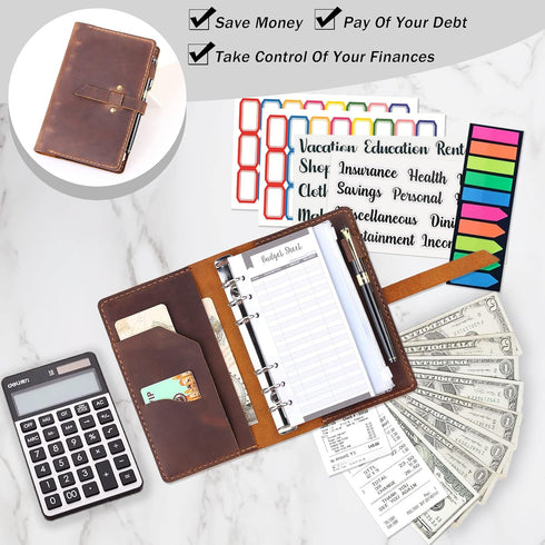 Leather Binder Budget with Cash Envelopes, Handmade A6 Money Saving Planner, Brown