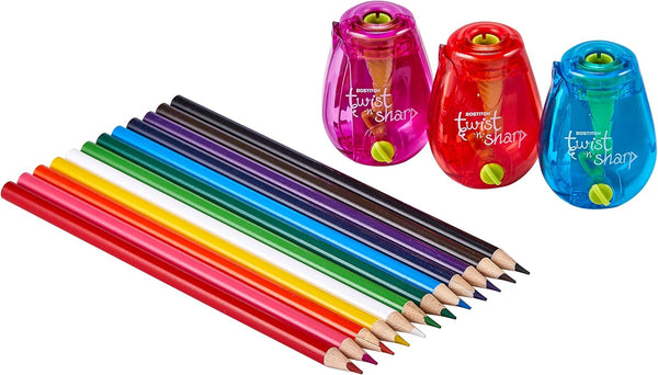 Bostitch Office Pencil Sharpener - Twist-N-Sharp, 3-Pack with 12 Colored Pencils for Kids Activities