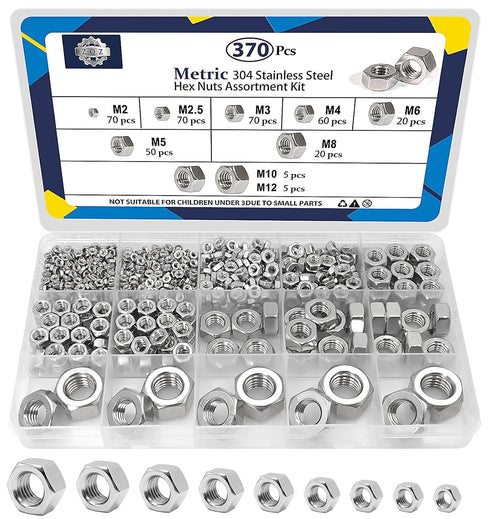 ZQZ 370 Pcs Metric Hex Nuts Assortment Kit, M2 M2.5 M3 M4 M5