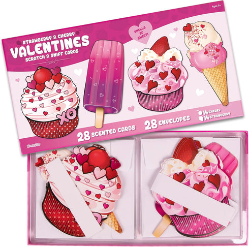 Kangaroo Strawberry & Cherry Scented Valentines Day Cards with Envelope - Scratch & Sniff for Kids, Pack of 28