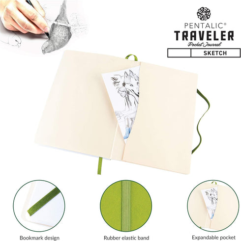 Pentalic 6" x 8" Olive Green Pocket Sketchbook Traveler Journal, 160 Pages