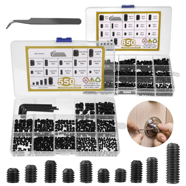 1400 Pcs Set Screw Assortment Kit, 26 Size Metric & SAE, 12.9 Alloy Steel Head Socket Hex Screws, Black Zinc Plated