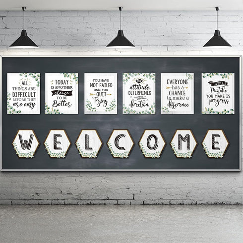 Epakh 13 Pcs Eucalyptus Bulletin Board Posters, Motivational Green Inspirational Quote Set for Classroom Decor