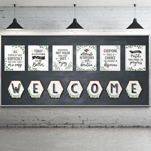 Epakh 13 Pcs Eucalyptus Bulletin Board Posters, Motivational Green Inspirational Quote Set for Classroom Decor