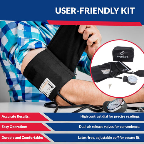 Set Dixie EMS Deluxe Aneroid Sphygmomanometer Blood Pressure W/Adult Cuff, Carrying Case and Calibration Tool - Black