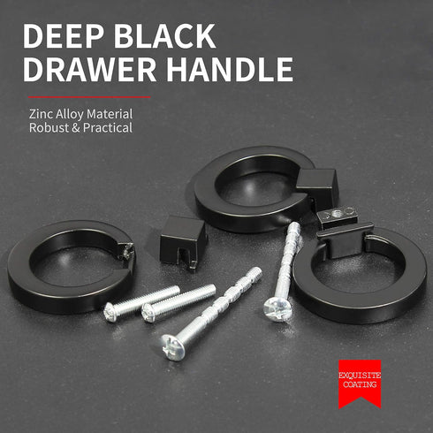 6Pcs Round Single Hole Cabinet Ring Pull Handles - Matte Black Knobs for Drawer, Dresser, Cupboard, Wardrobe