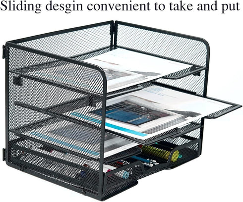 SETTFRFE 4-Tier Mesh Paper Letter Tray, Desk Organizer with Sliding Drawer, Black Office Supplies for Home Office