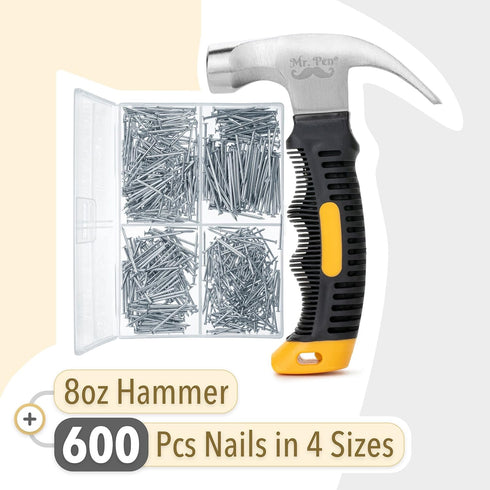 Mr. Pen- Nail Assortment Kit and 8oz Small Hammer, 600 Pcs Small Nails, Nails for Hanging Pictures, Nails for Wall, Picture Hanging Nails, Hammer and Nails Set, Small Hammer for Picture Hanging