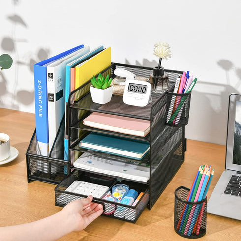 Marbrasse Desk Organizer with File Holder, 5-Tier Paper Tray Organizer with Drawer and 2 Pen Holders for Office Supplies
