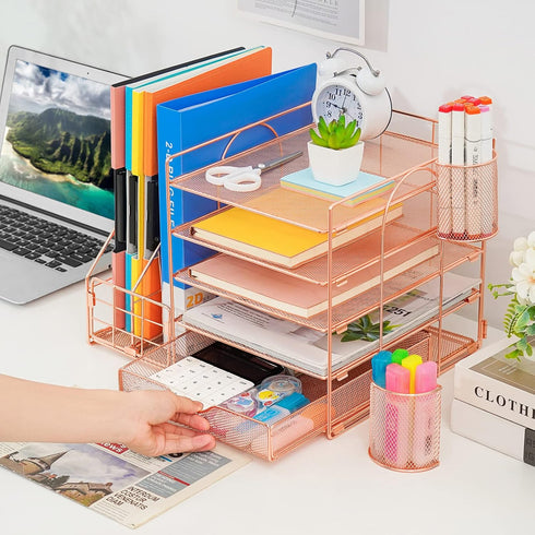 Marbrasse Rose Gold Desk Organizer with 5-Tier Paper Letter Tray, Drawer and 2 Pen Holder