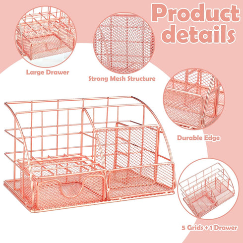 Rose Gold Office Supplies, Mesh Desk Organizers with Tape Holder, Stapler, Pen Holder, and More for Office