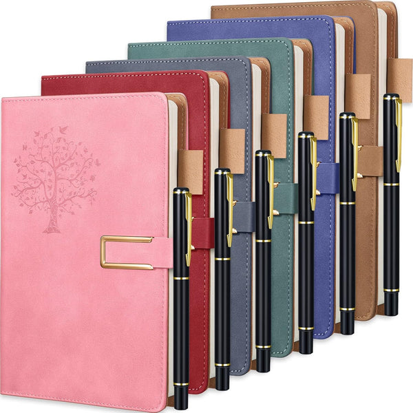 Xinnun 6 Set Leather Journal Writing Notebooks, Life Tree Refillable Hardcover Notebook with Ballpoint Pens
