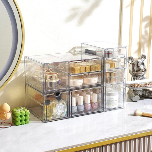 Prsildan Acrylic Drawer Makeup Organizer with 9 Drawers - Set of 3 Clear Stackable Storage Drawers for Vanity
