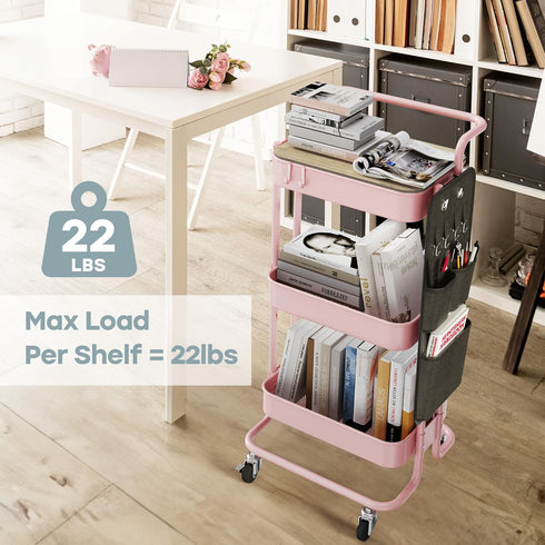 DTK 3 Tier Metal Utility Rolling Cart - Storage Organizer Cart with Table Top and Side Bags