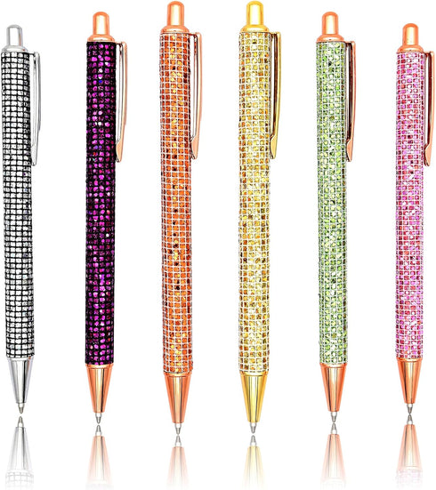 Gullor 6 Pieces Glitter Metal Black Ink Retractable Ballpoint Pen - Bling Rose Gold Clip for Office