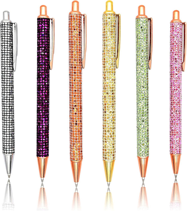 Gullor 6 Pieces Glitter Metal Black Ink Retractable Ballpoint Pen - Bling Rose Gold Clip for Office