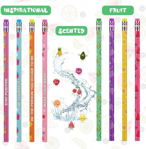 Leinuosen Scented Pencils, 96 Pieces, Colorful Smelly Pencils with Eraser, Cute Fruit Designs, Motivational Words, Ideal for Kids, Students, Teachers, Gifts by Leinuosen