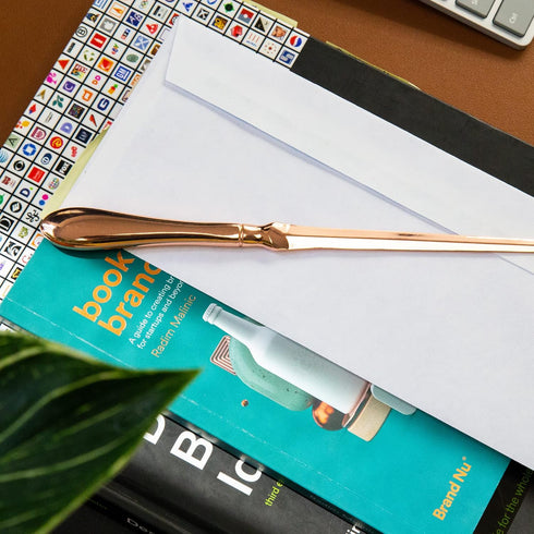Uncommon Desks Rose Gold Letter Opener Knife, Smooth Metal Plated Envelope Opener, Ergonomic Handle for Home and