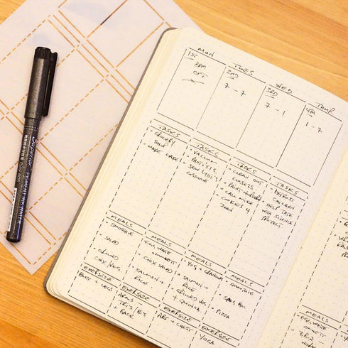 Speedy Spreads Journal Stencils x6 (Weekly Layouts #3) for A5 Bullet Dot Grid Journal Notebook by Sunny Streak.