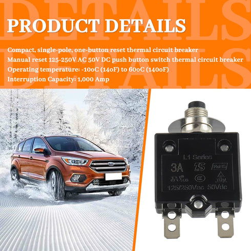 HUWREW 3 Amp Push Button Circuit Breaker 125-250V AC 50V DC L1 Series Manual Reset Thermal Protector